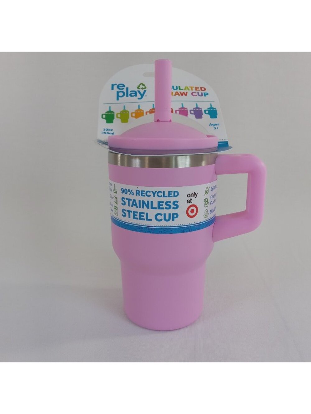 Re-Play Pink Insulated Stainless Steel Straw Cup 10oz Handle Kid's Ages 3+ BPA